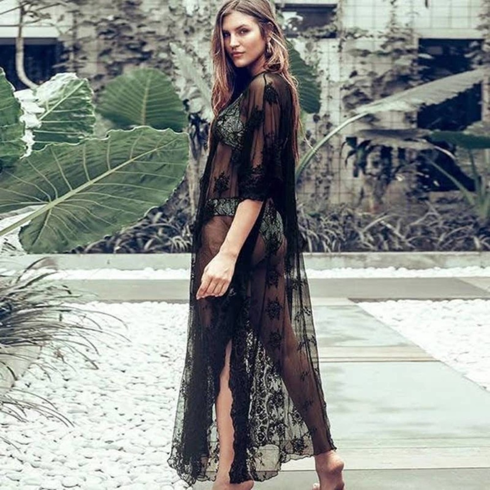 Boho Gypsy Beach Goddess Swim Cover Up Black Maxi Dress Duster Tie Front - Picture 3 of 13